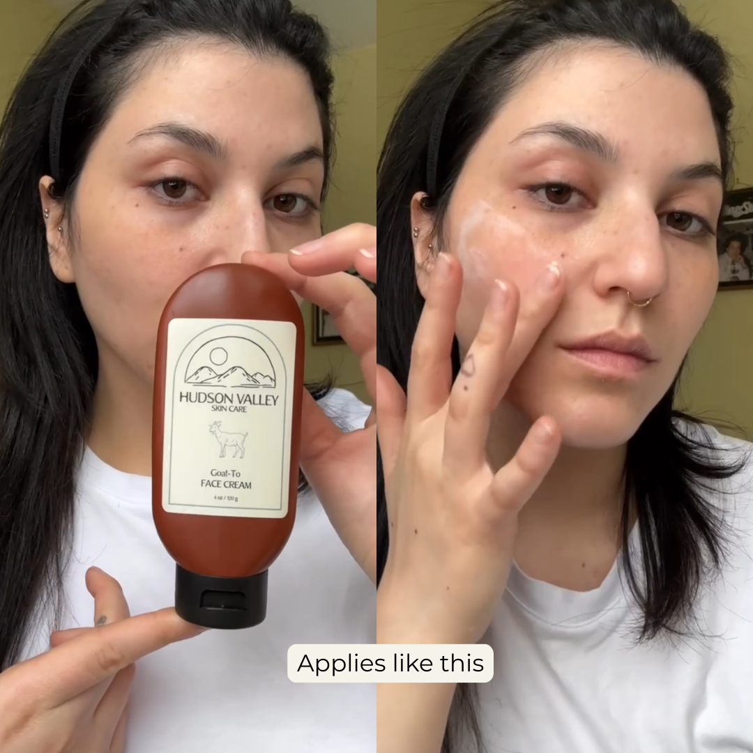 Split image of person holding Hudson Valley Skin Care Goat Milk moisturizer and then applying it to the face