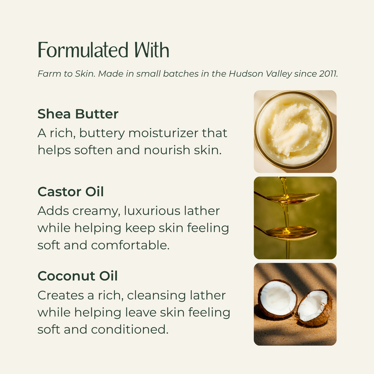An informational graphic on a warm beige background titled 'Formulated With' listing ingredients: Shea Butter, Castor Oil, and Coconut Oil, each with descriptive text and a small product photo on the right.