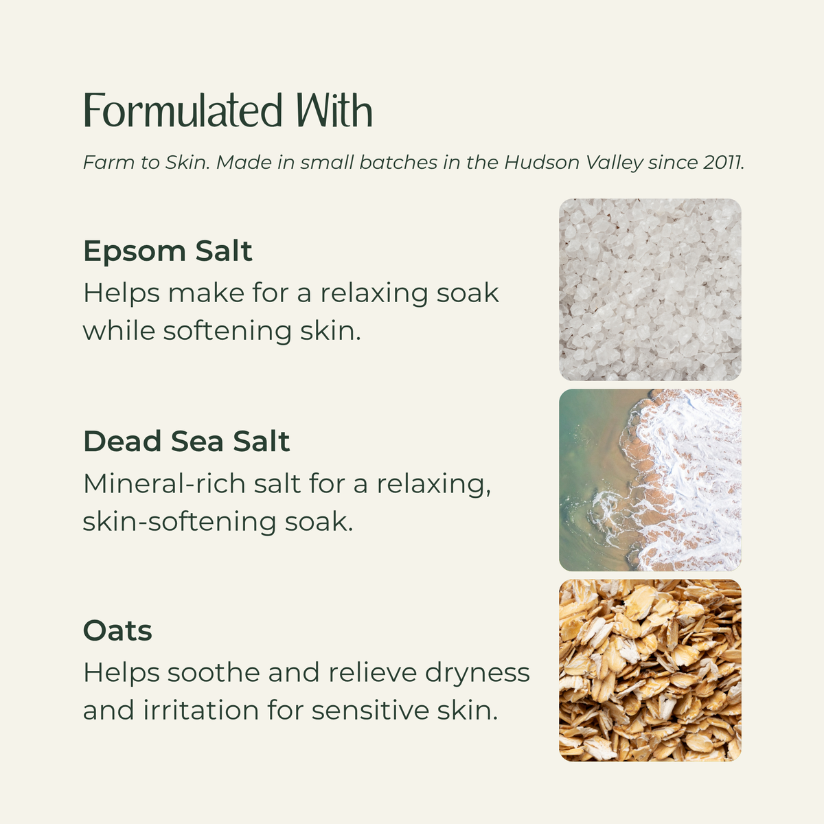 Bath soak ingredients: Epsom Salt, Dead Sea Salt, and Oats