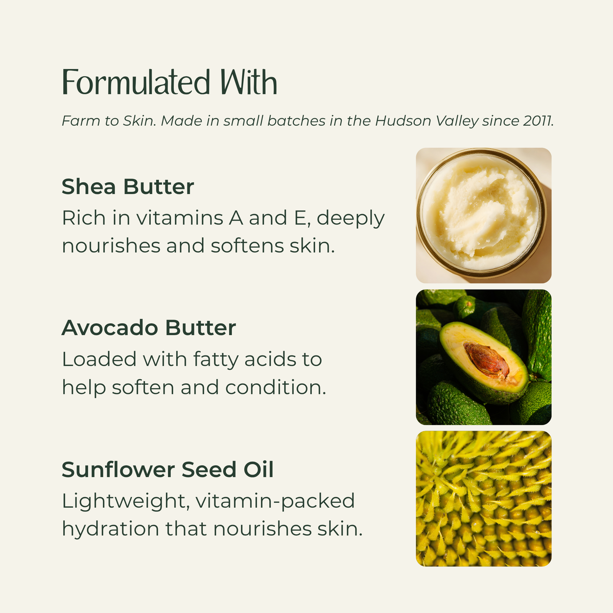 Better Butter whipped body butter ingredients: Shea Butter, Avocado Butter, and Sunflower Seed Oil