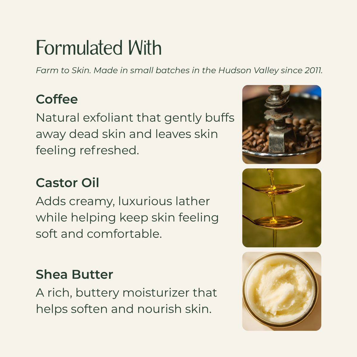 An informational graphic on a warm beige background with the heading 'Formulated With' and three text panels describing ingredients: Coffee, Castor Oil, and Shea Butter. Each text block is paired with a small product photo: coffee beans in a grinder, golden oil dripping onto a spoon, and a jar of creamy Shea Butter.