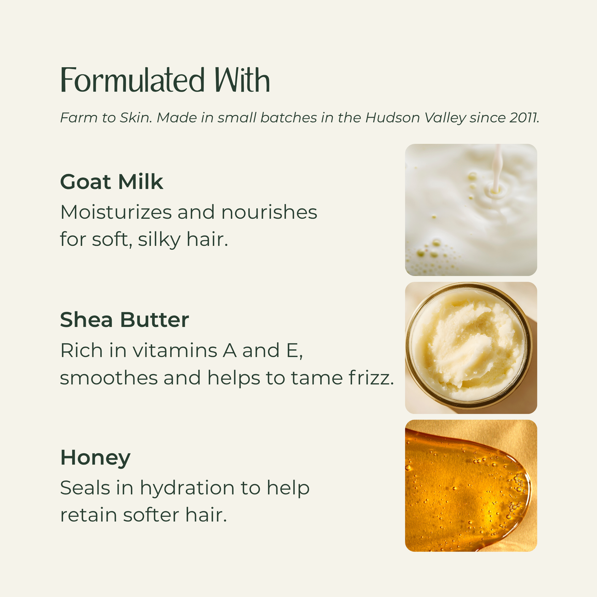 Goat Milk Conditioner ingredients: Shea Butter, Goat Milk, and Honey