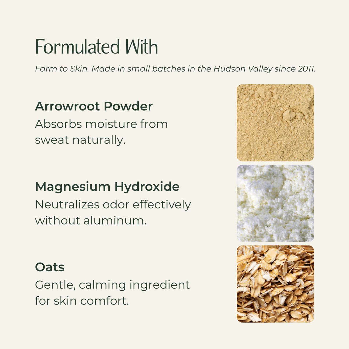 Natural deodorant ingredients: Magnesium Hydroxide, Arrowroot Powder, and Oats