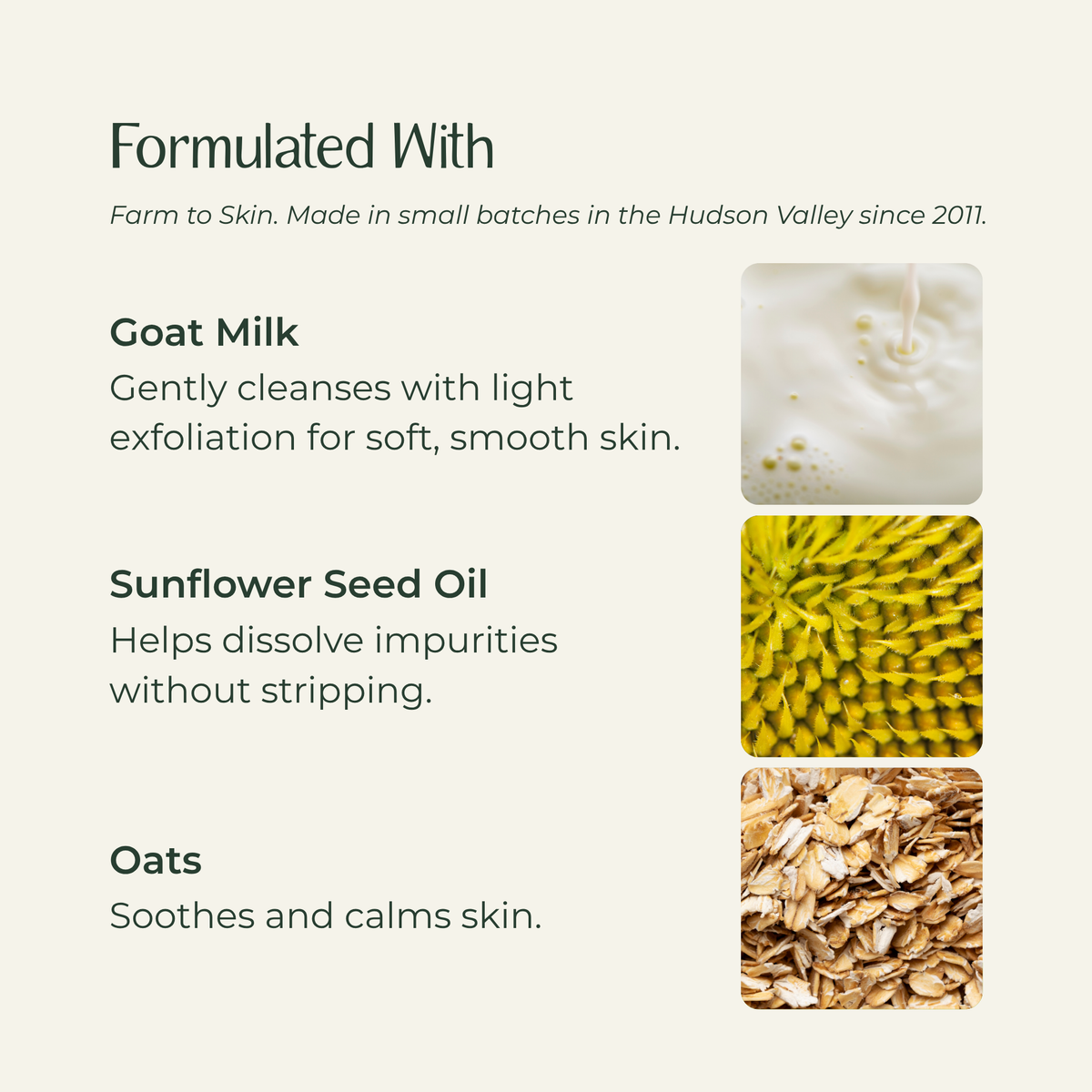 Goat-to Face Cream ingredients: Goat Milk, Sunflower Seed Oil, and Oats
