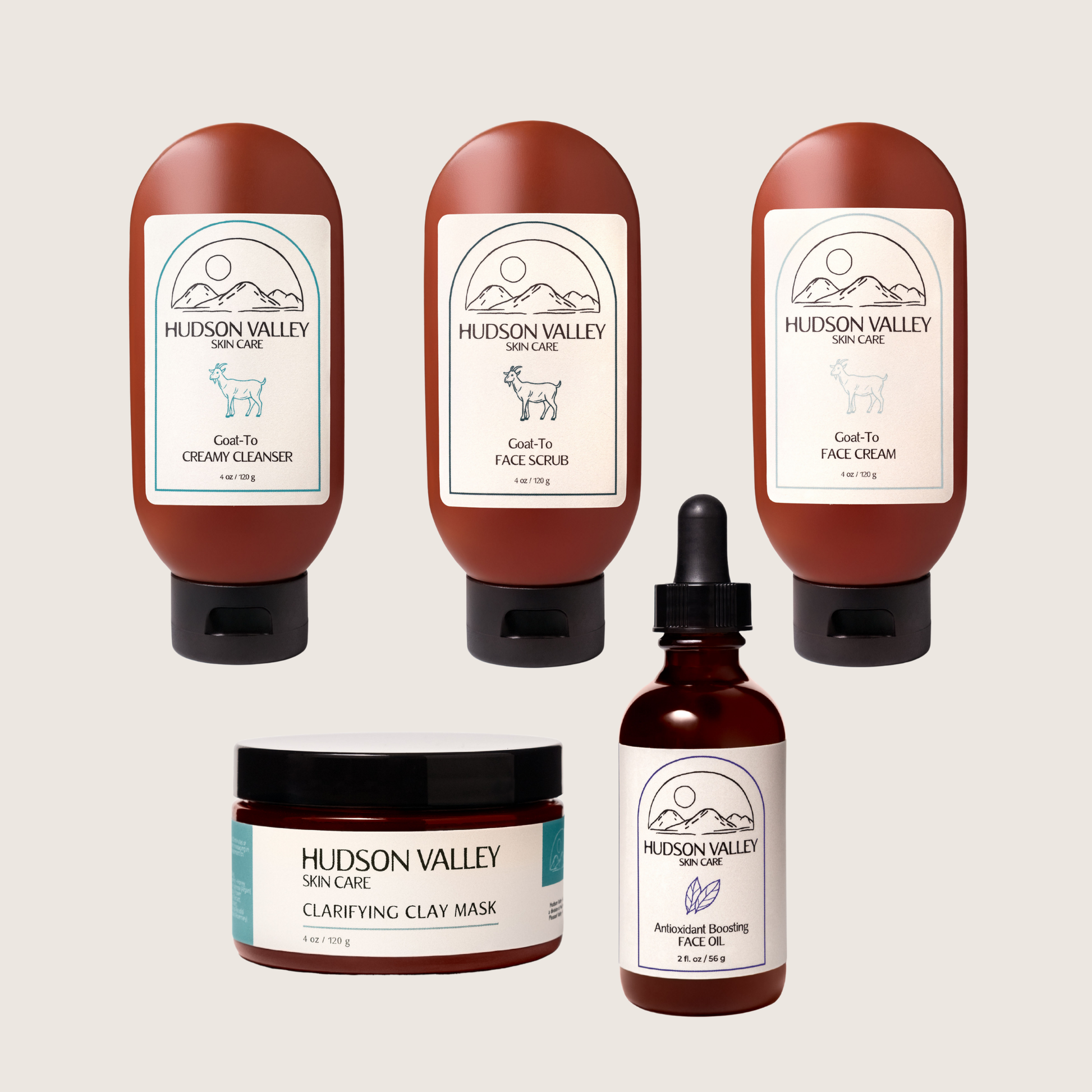 Collection of Hudson Valley skincare products on a beige background