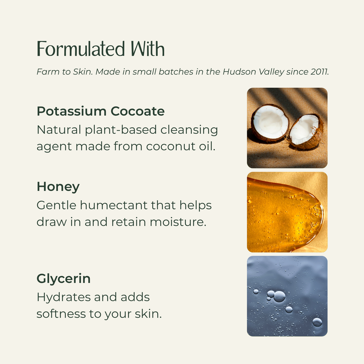 Foaming hand soap ingredients: Potassium Cocoate, Honey, and Glycerin