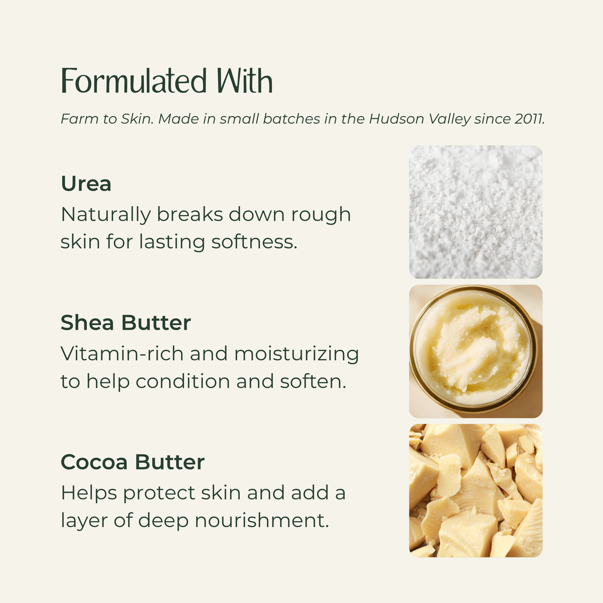 Foot cream ingredients: Urea, Shea Butter, and Cocoa Butter