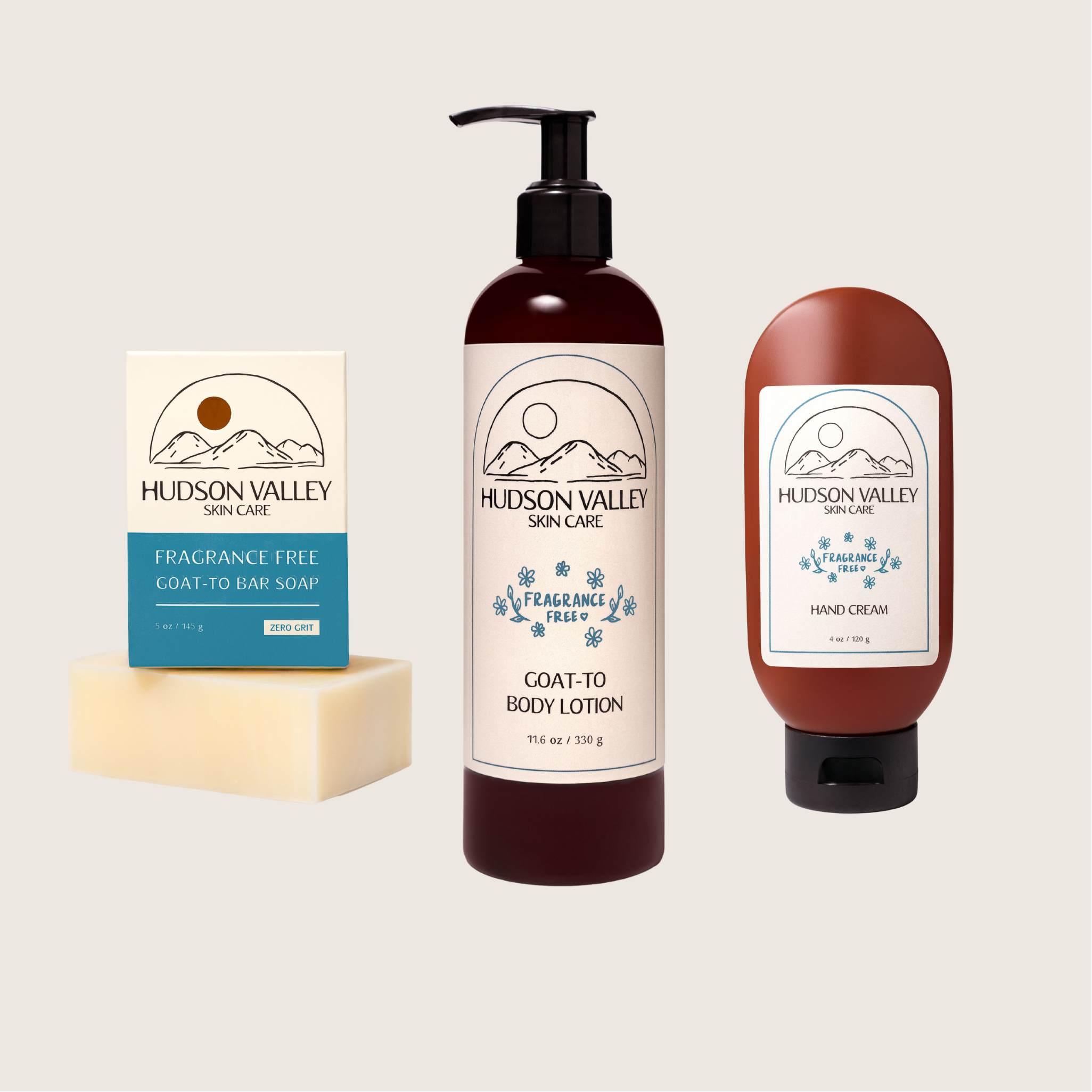 Hudson Valley skincare fragrance free products including soap, lotion, and hand cream on a light gray background