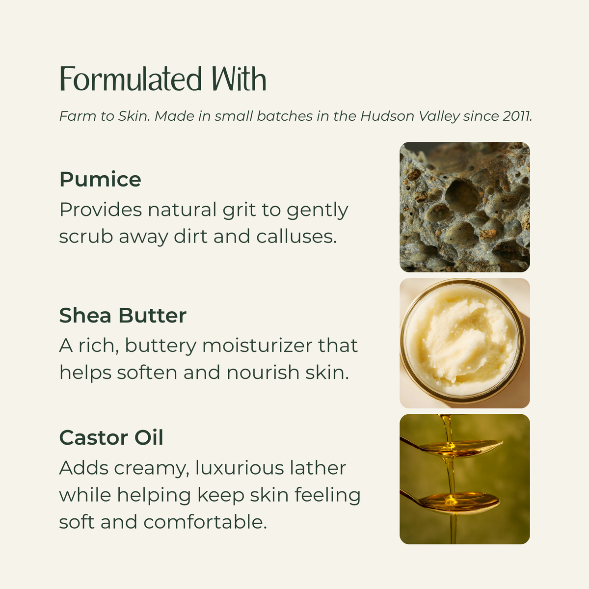 Gotta Grow Gardener's Bar Soap ingredients: Pumice, Shea Butter, and Castor Oil