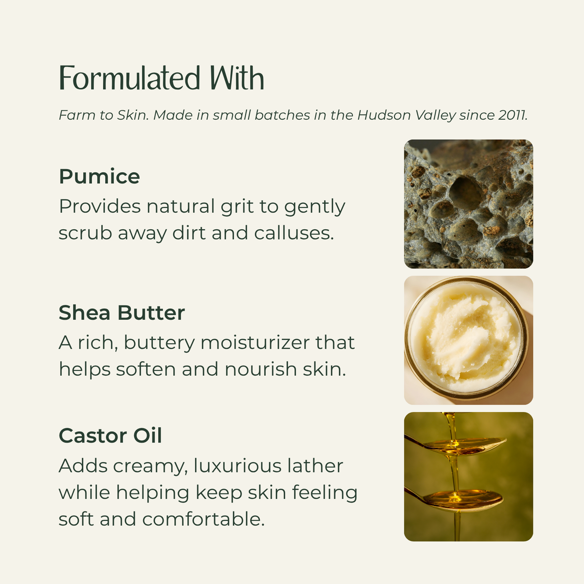 An informational graphic on a warm beige background titled 'Formulated With' listing ingredients: Pumice, Shea Butter, and Castor Oil, each with a small ingredient photo and descriptive text.
