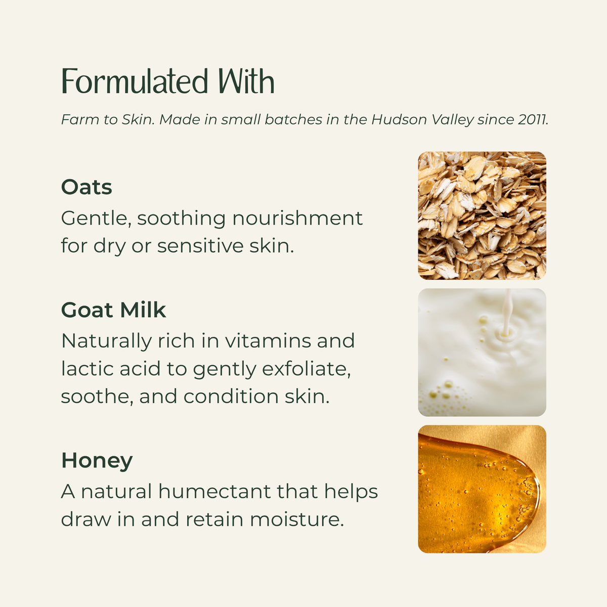 An informational graphic on a warm off-white background with the heading 'Formulated With' and three ingredient callouts: Oats, Goat Milk, and Honey, each accompanied by a small square ingredient photo.