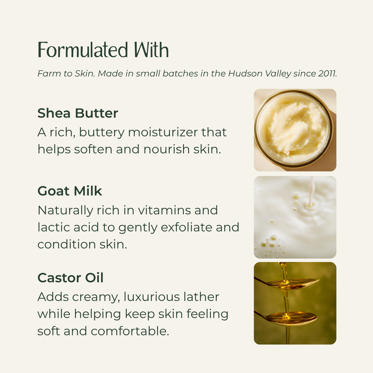 An informational graphic with the heading 'Formulated With' and three product ingredient callouts: Shea Butter, Goat Milk, and Castor Oil, each with a small ingredient photo and descriptive text on a light beige background.
