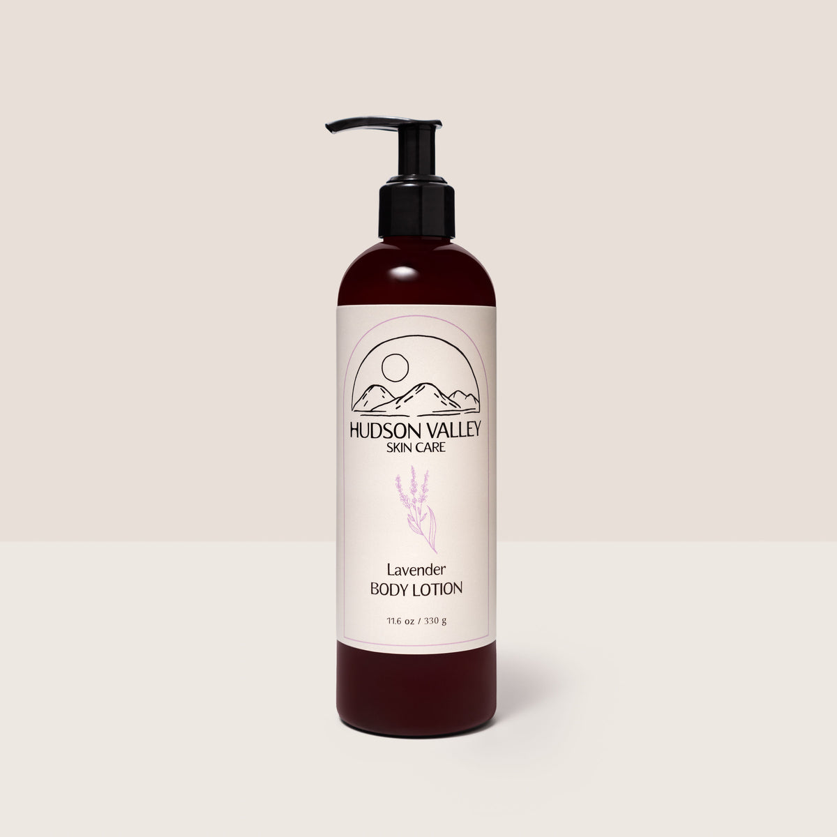Hudson Valley Skin Care lavender body lotion bottle on a beige background