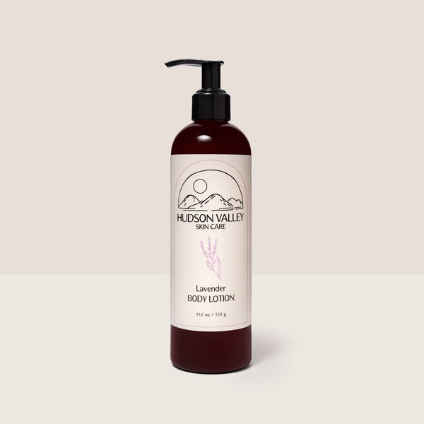 Hudson Valley Skin Care lavender body lotion bottle on a beige background