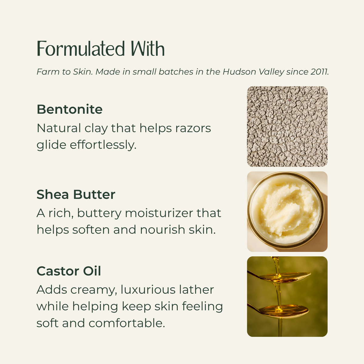 An informational graphic on a warm beige background titled 'Formulated With' listing ingredients: Bentonite, Shea Butter, and Castor Oil, each with a small product photo and descriptive text.